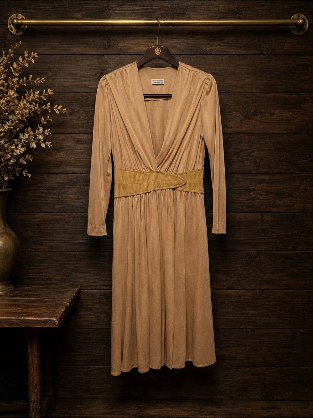 True Vintage Studio 54 Halston Inspired Gold Midi Wrap Dress Pockets SZ 6–8 70s